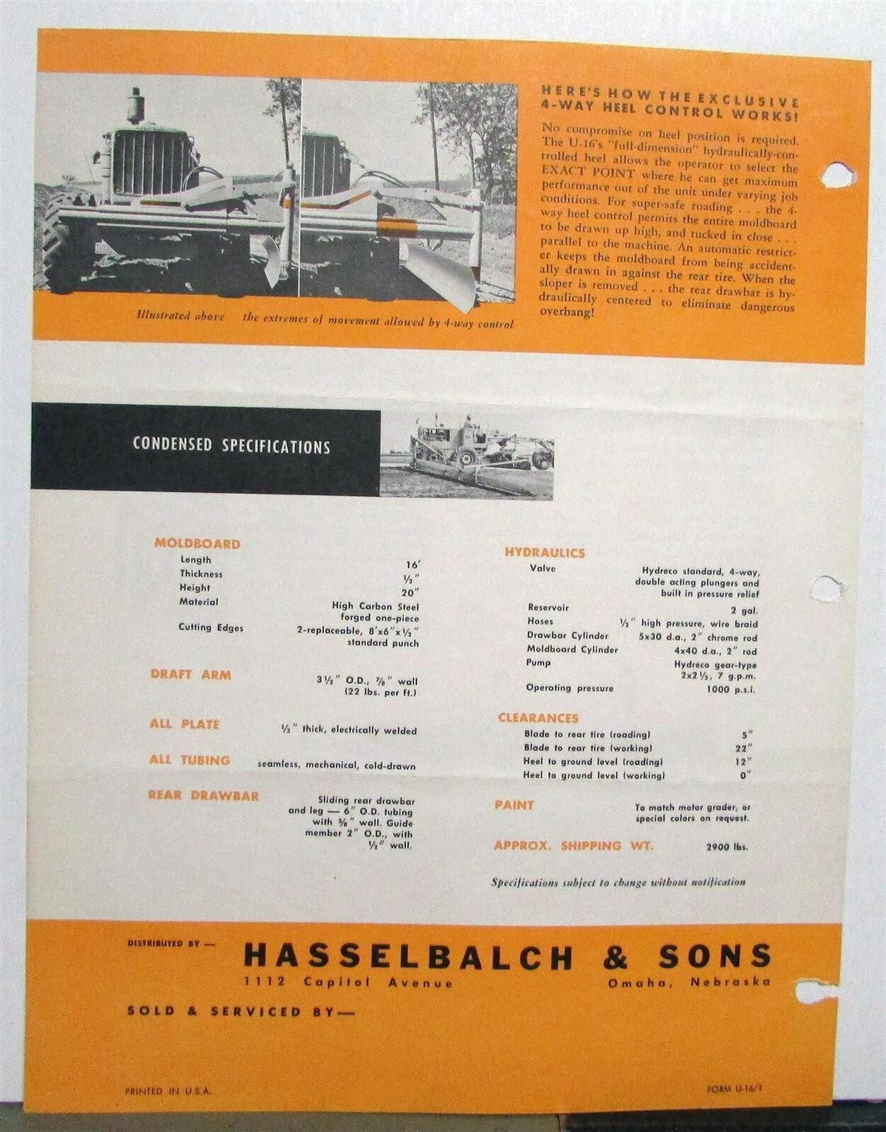 1961 Grade-More U16 Slope Road Motor Grader Specs Construction Sales Brochure