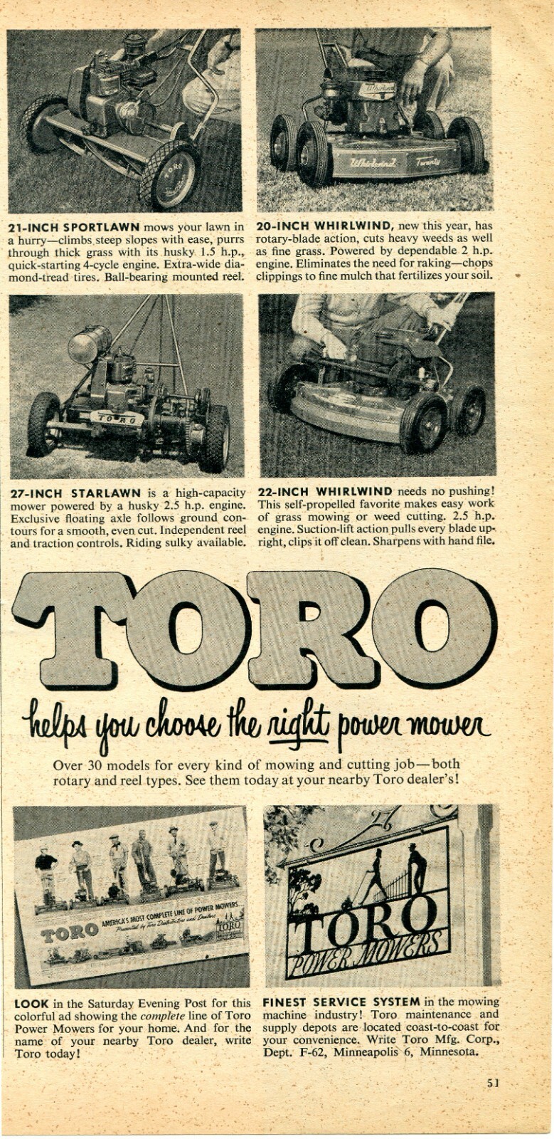 1952 Print Ad of Toro Power Mower Lawn Mower Sportlawn, Whirlwind, Starlawn