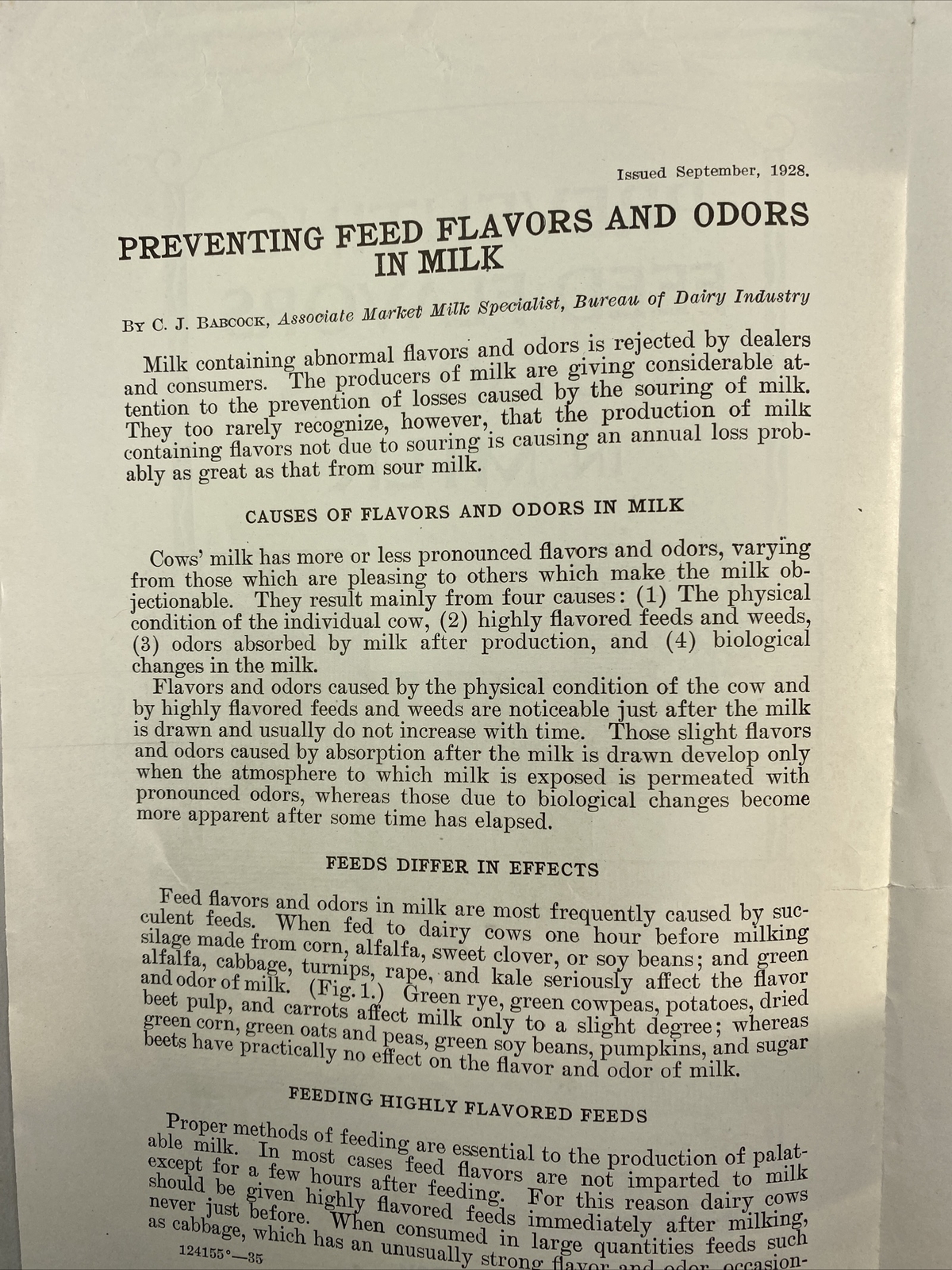 1935 USDA Farmers’ Bulletin No. 25 Preventing feed flavors in odors in milk