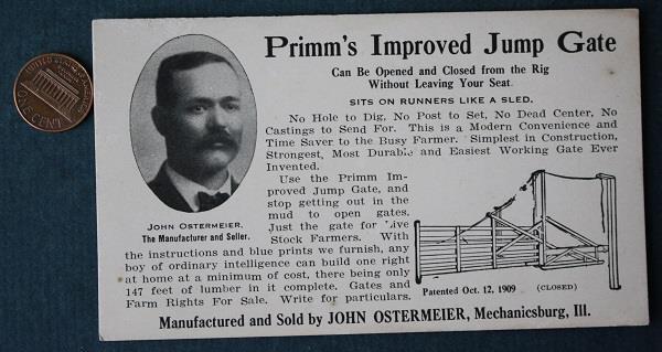 Mechanicsburg Illinois Primm’s Improved Livestock Jump Gate Advertising Card +