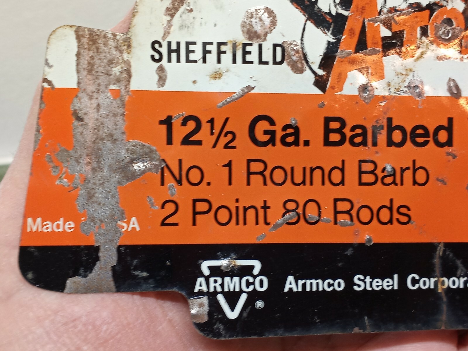 Vtg SHEFFIELD A to Z BARBED WIRE FENCE TIN METAL SIGN USA ARMCO STEEL CORP.