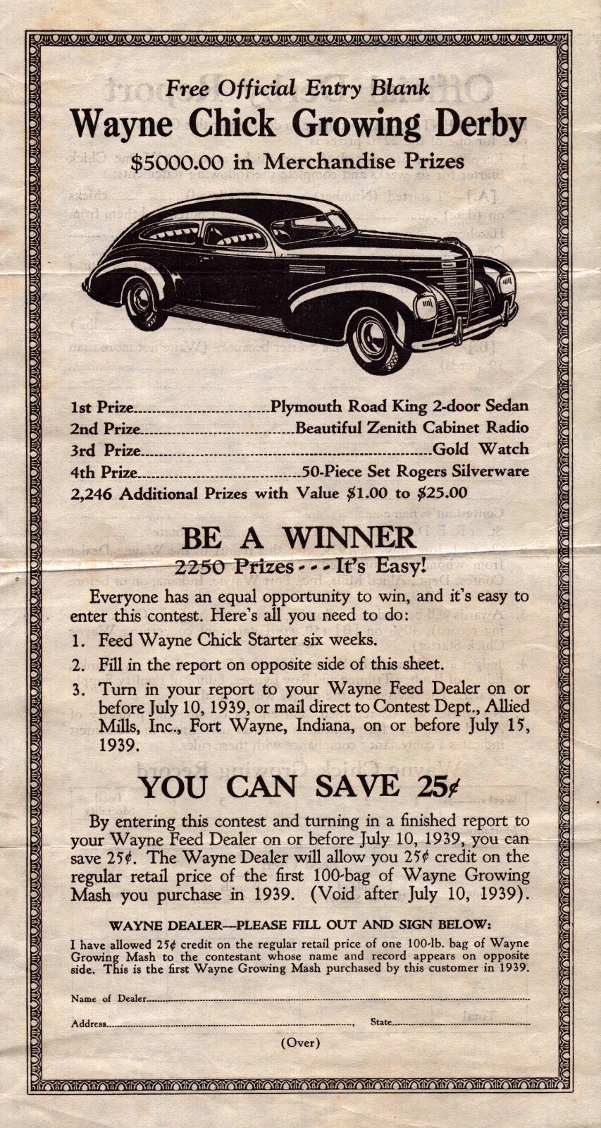 Vintage 1939 Wayne Chick Starter Growing Derby Entry Blank Fort Wayne Seed Rare