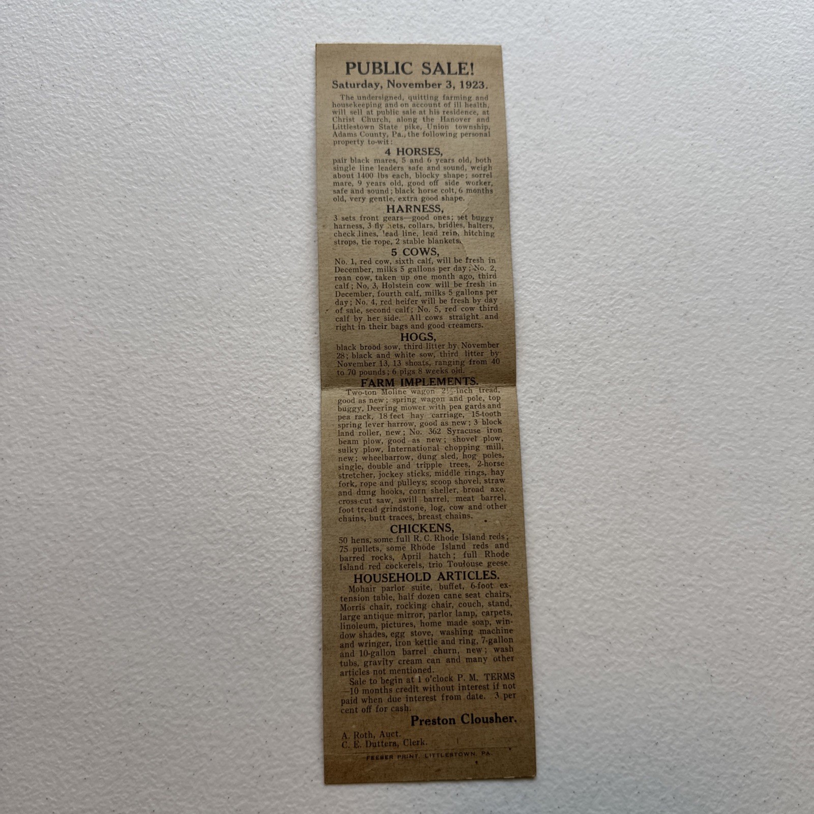 Public Livestock Sale 1923 Advertisement Add Feeser Print, Littlestown, PA