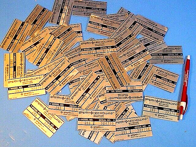 (47) VINTAGE SPERRY NEW HOLLAND MODEL 283 BALER ID TAGS~CONSECUTIVE SERIAL #’s