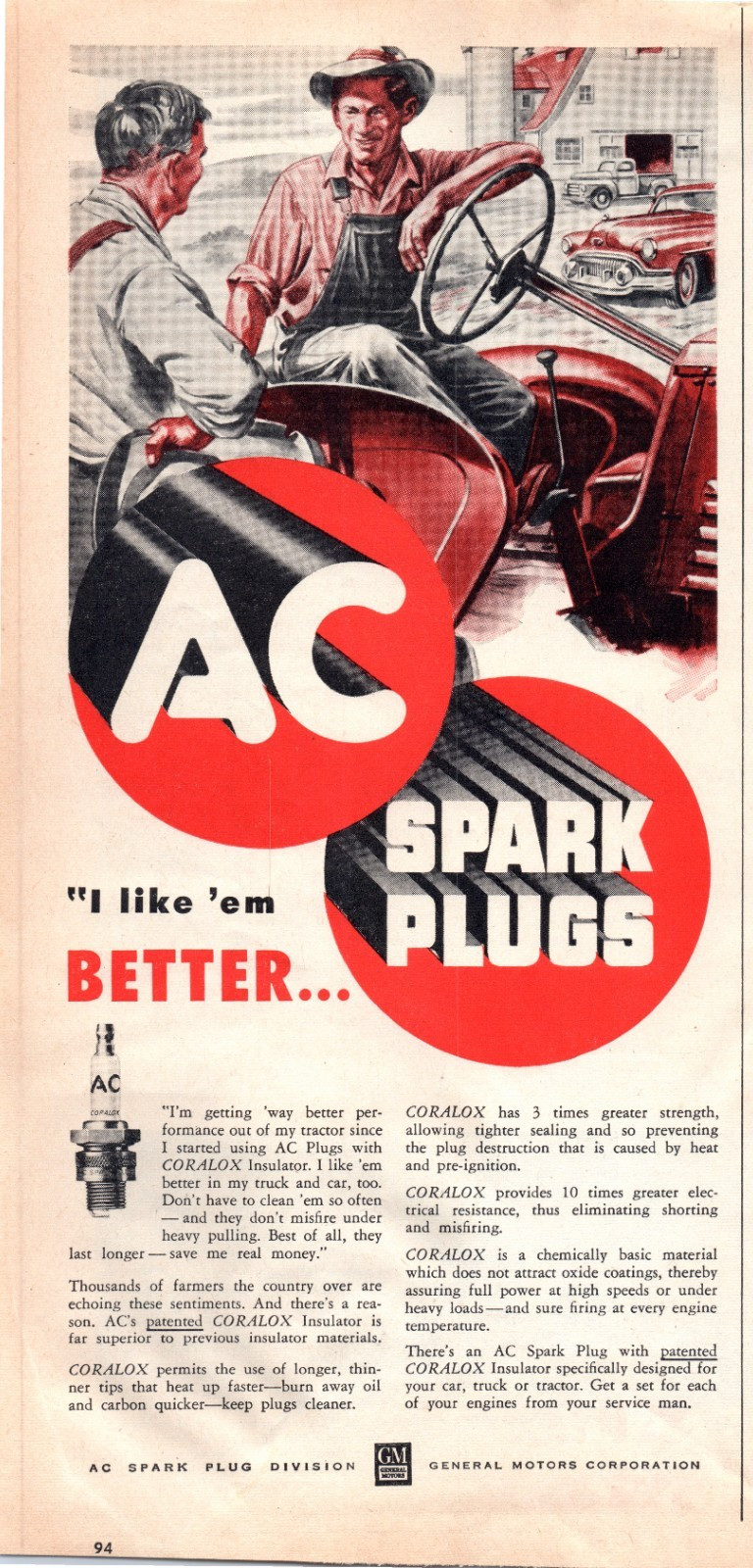 1951 AC Spark Plugs Coralox Insulator Tractor 50’s Vintage Print Ad