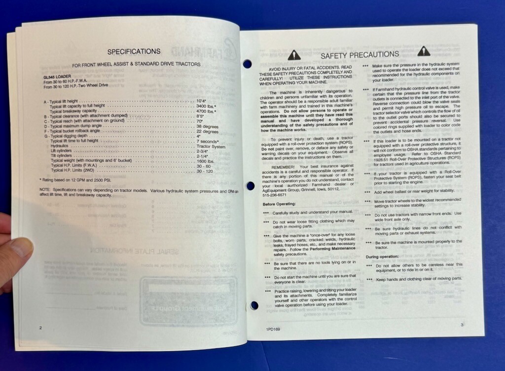 Farmhand GL545 Loader Parts Setup & Operators Manual