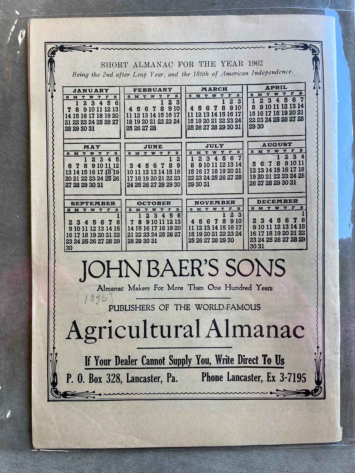VINTAGE FARMERS AGRICULTURAL ALMANACS, BAER’S LANCASTER PA 1962