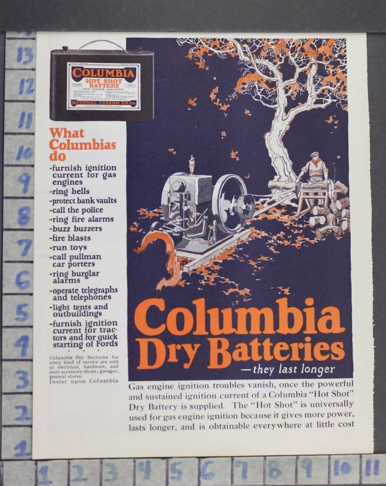 1922 AGRICULTURE BATTERY COLUMBIA SAWMILL SAW ENGINE MOTOR VINTAGE AD DA85
