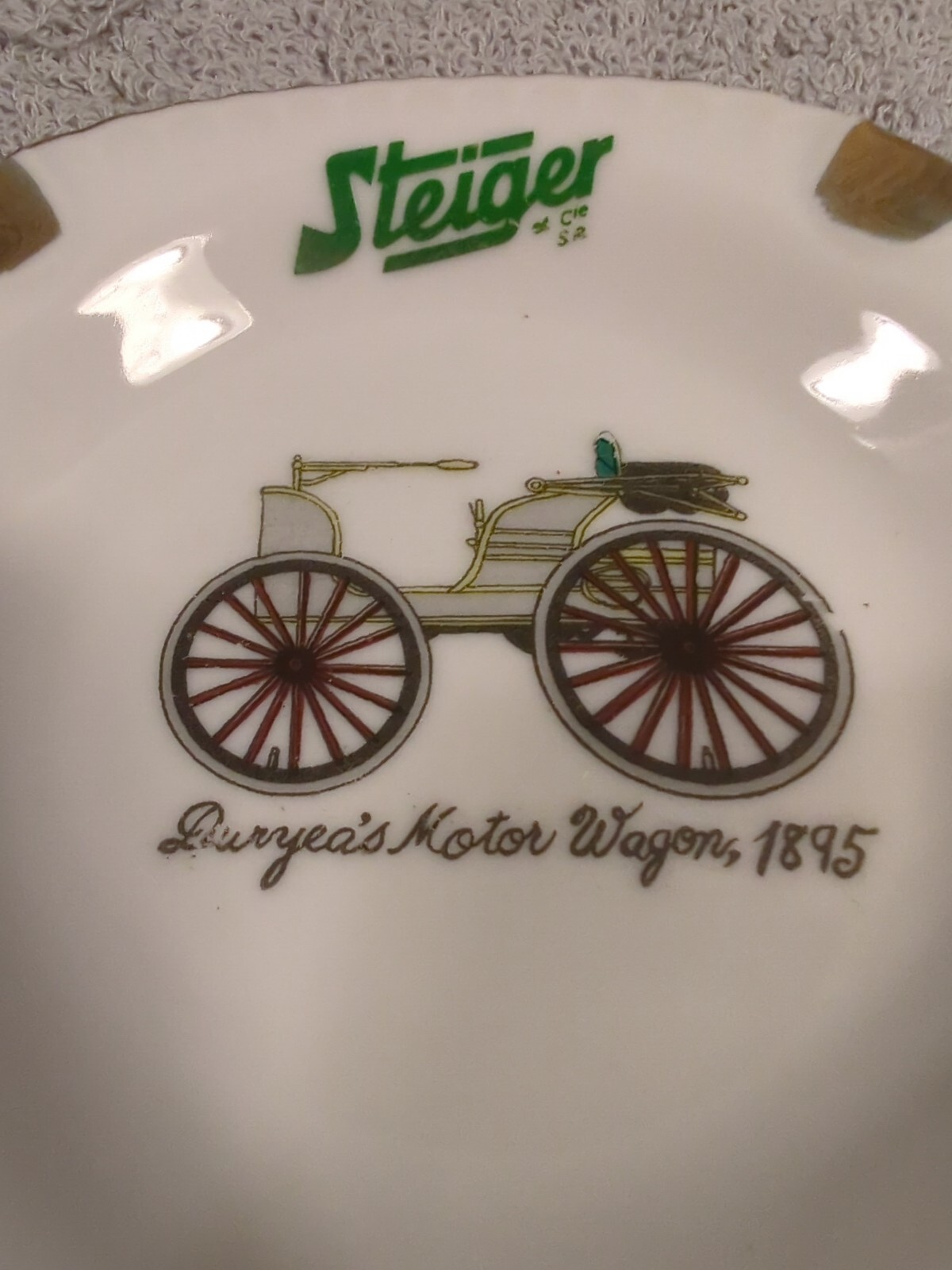 Steiger Ceramic Ash Tray, Duryea’s Motor Wagon. “Lausanne” Gold Color Edging