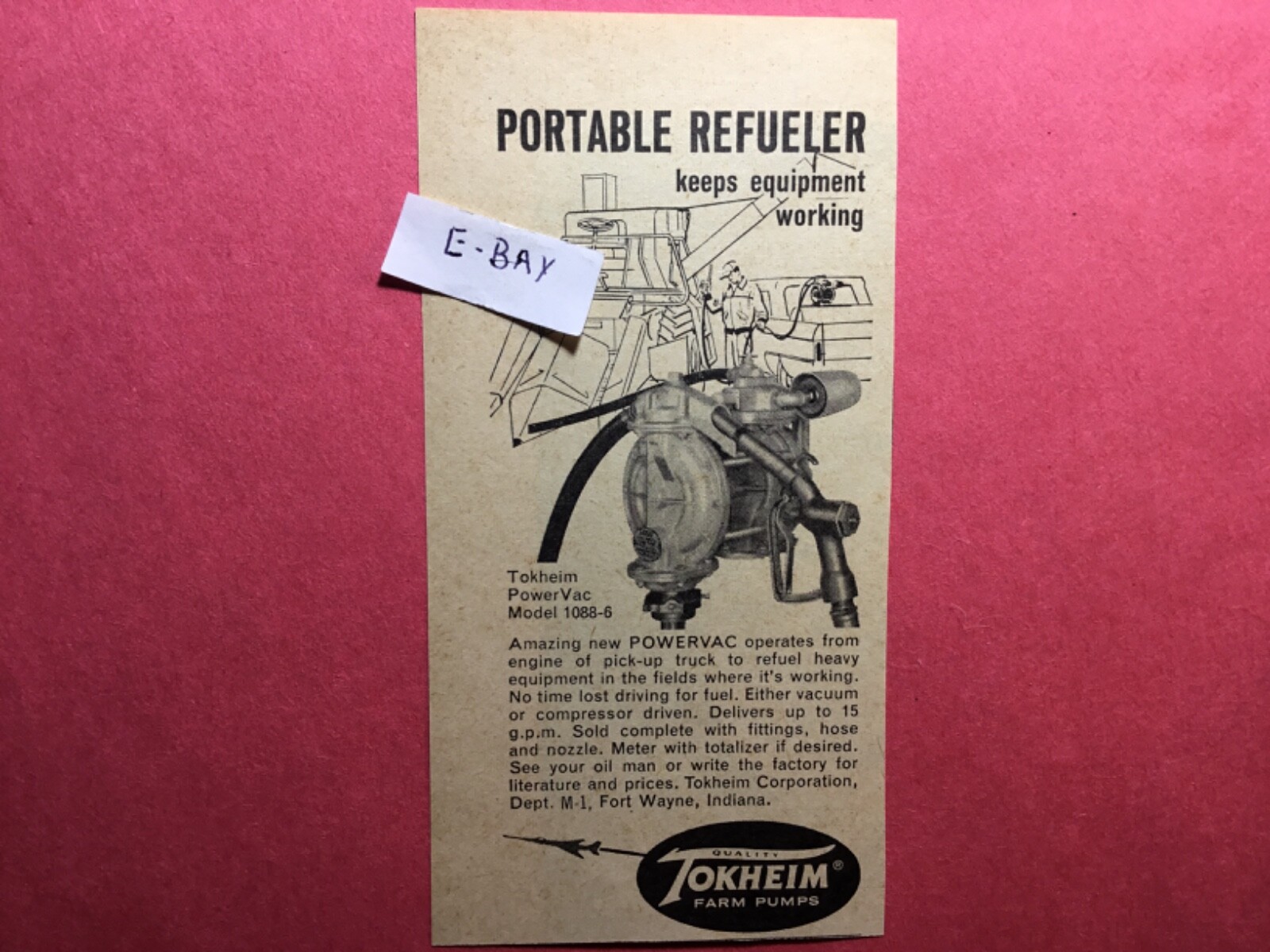Vintage 1965 Ad. Tokheim Farm Pumps. Portable Refueler. Tokheim Corp. Fort Wayne