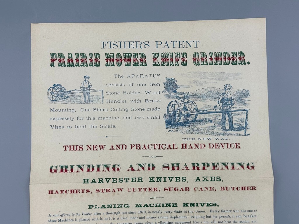 1890s Fisher’s PRAIRIE MOWER KNIFE Grinding SHARPENER Canton OH Advertising FARM
