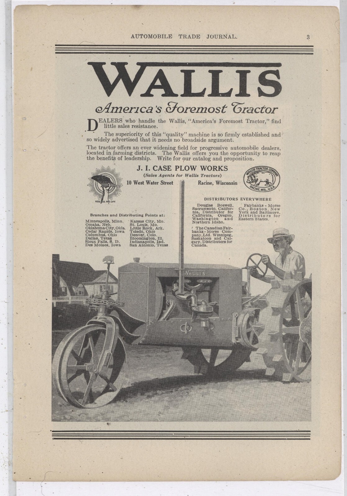 1919 J.I. Case Plow Works Ad: Wallis Tractor Company, America’s Foremost Tractor