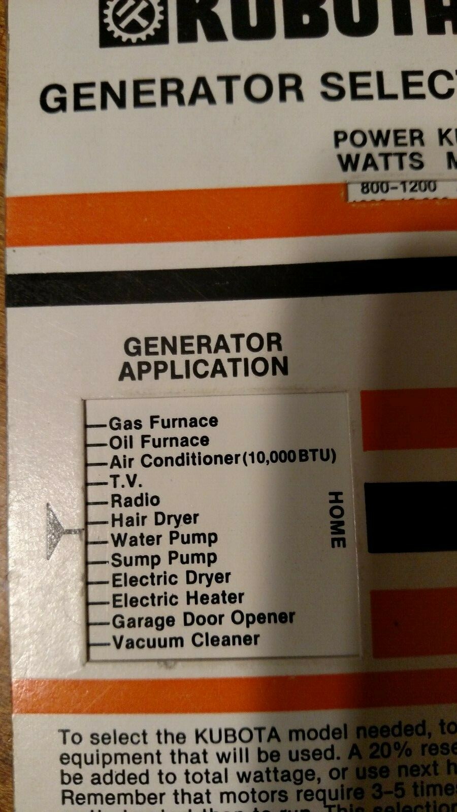 KUBOTA GENERATOR & PUMPS QUICK FACT SLIDE CHART FROM 1986 ****DEALER USE****