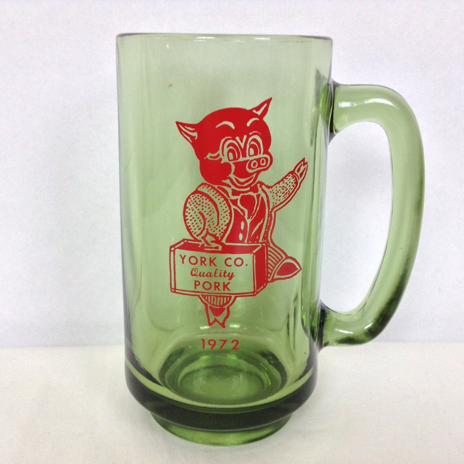 Vintage 1972 York Co Quality Pork PIG in A Suit Green Glass York Pennsylvania