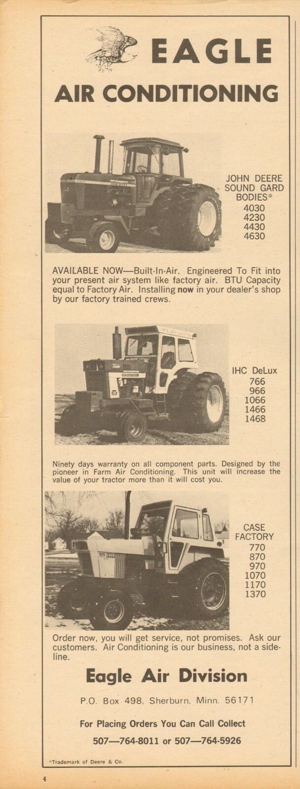 1974 Print Ad of Eagle Air Conditioning Tractor Cab w IH 1466 & John Deere 4430