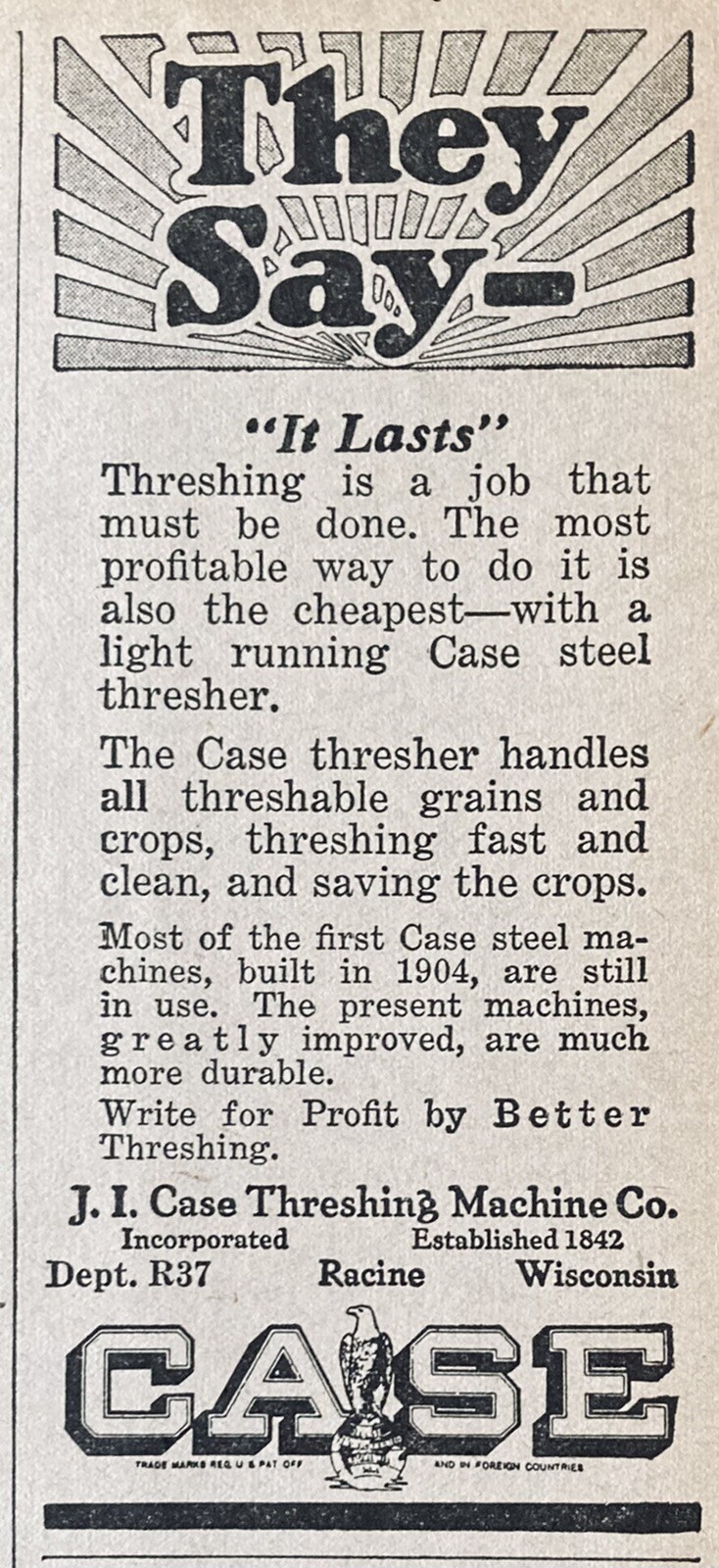 1926 AD(XH33)~J.I. CASE MACHINE CO. RACINE, WIS. THRESHING MACHINES THAT LAST