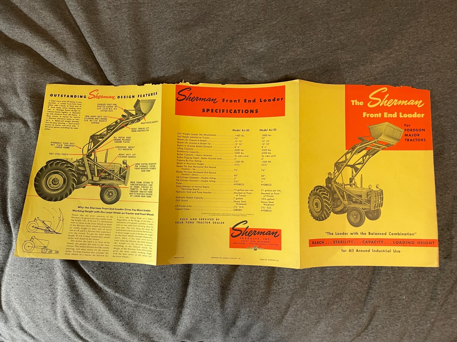 1950’s Sherman Front End Loader Tractor Brochure Spec Sheet Vintage Fordson