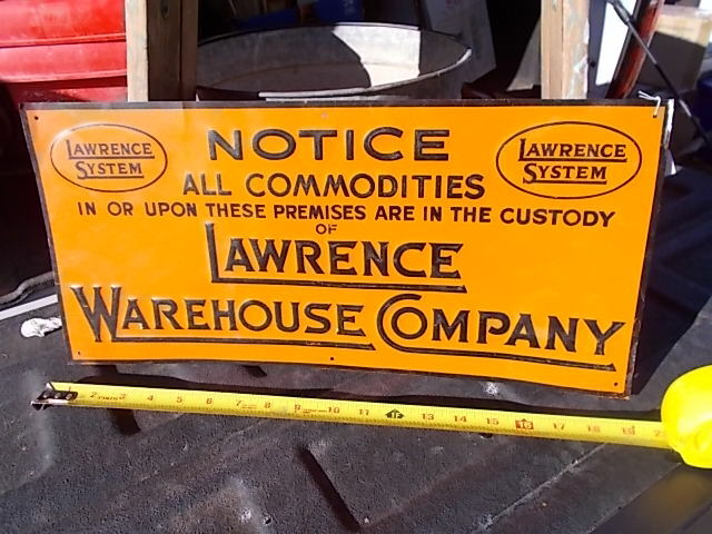 Vintage Tin Sign Lawrence System Warehouse Company Notice Commodities 9 by 19.5