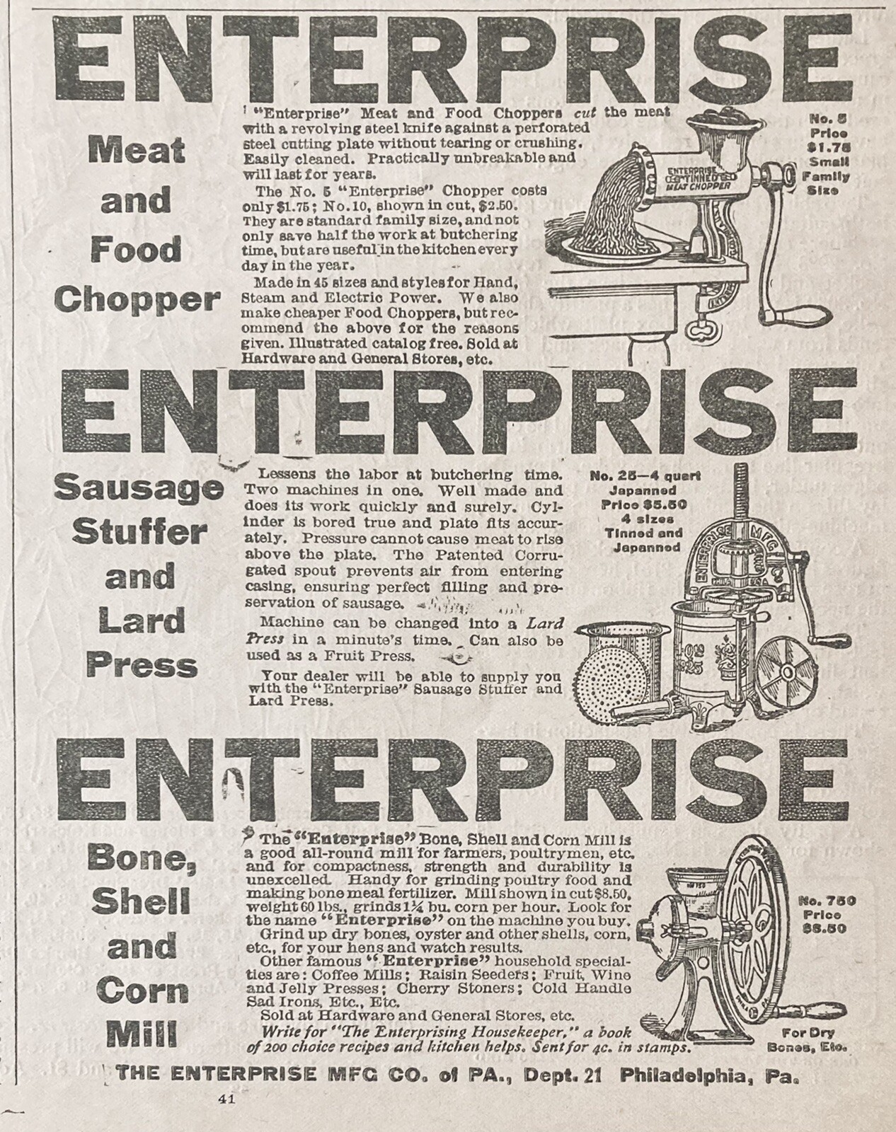1909 AD.(XH10)~ENTERPRISE MFG. CO. PHIL. FOOD CHOPPER, LARD PRESS & CORN MILL
