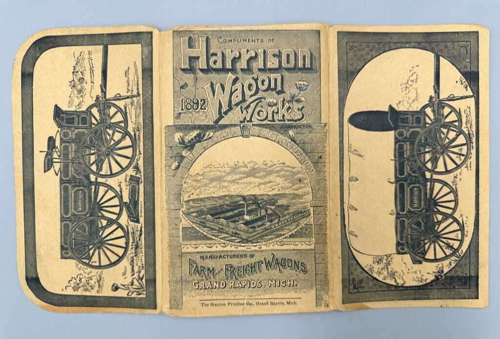 1892 HARRISON WAGON WORKS Machinery FARM Pocket Ledger GRAND RAPIDS MI Advertise