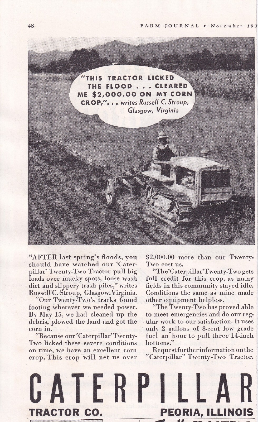 Print Ad 1936 Caterpillar Twenty Two Tractor 5inx8in Russell C Stroup Glasgow VA