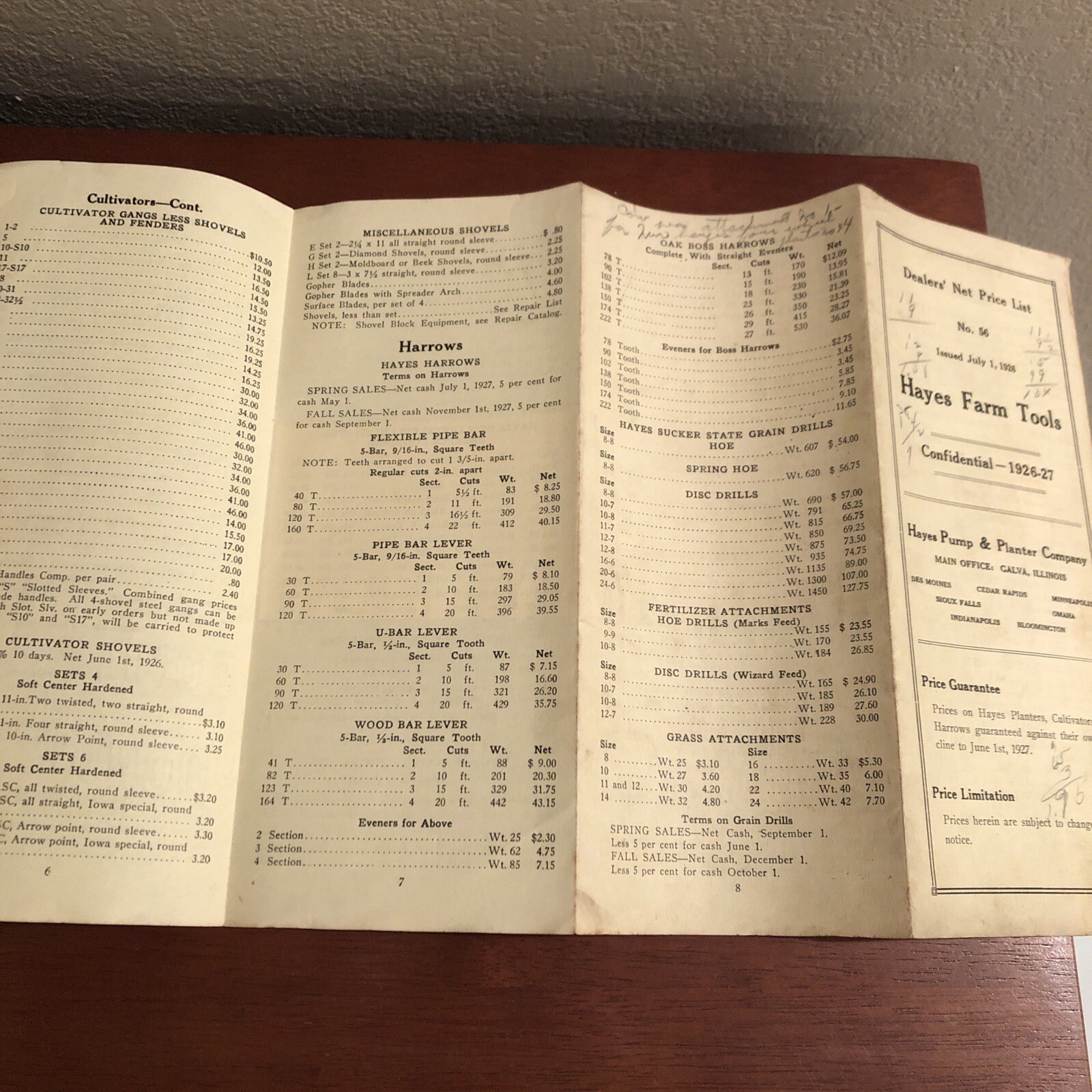 1926 HAYES FARMS TOOLS Dealer’s Price List No 56 ~ Pump ~ Galva, IL ~ AUTHENTIC!