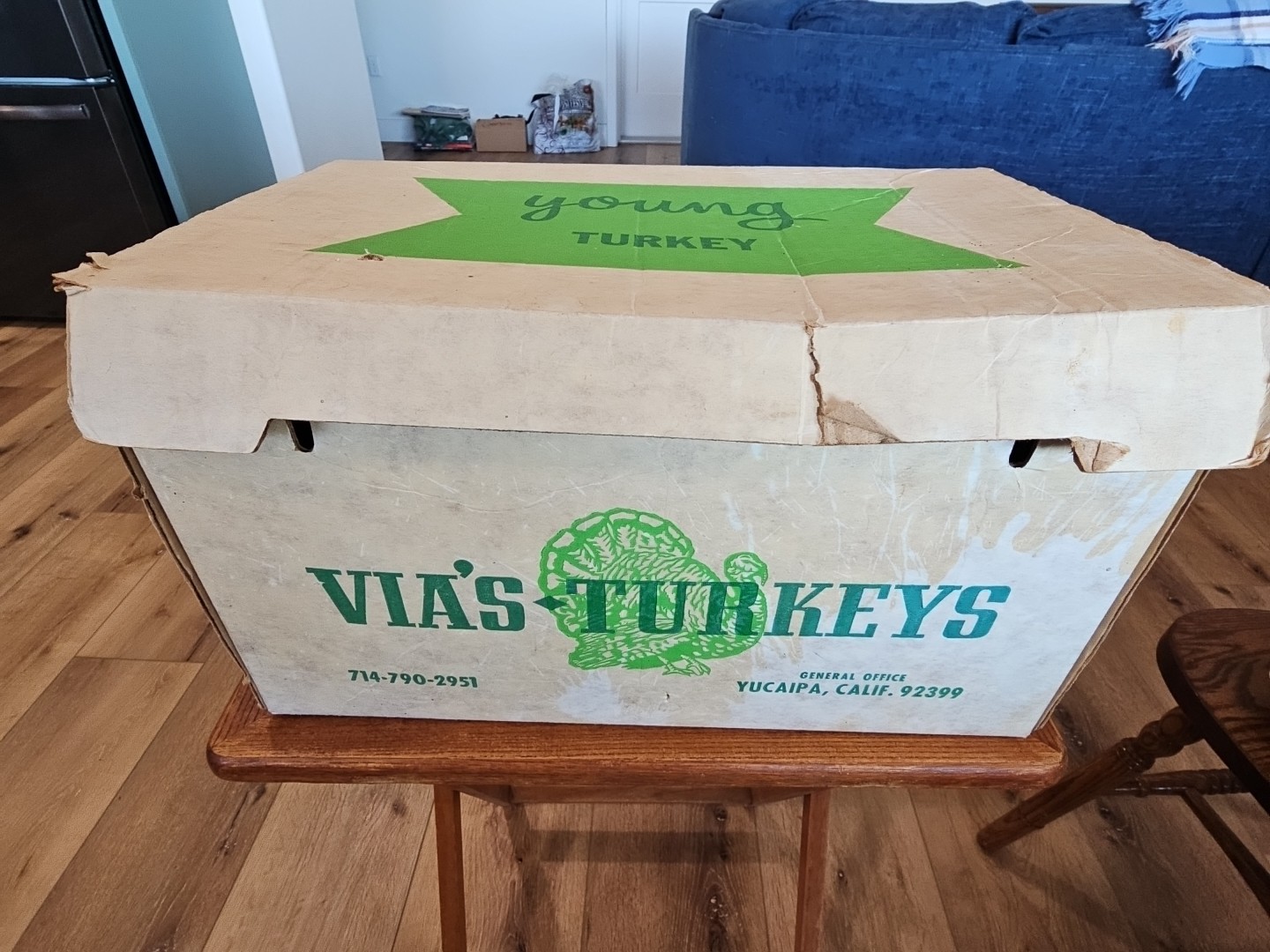 Vintage Cardbord Box Via’s Turkeys Yucaipa Ca. 17×11″ Good HANDLES 👍 1970’s