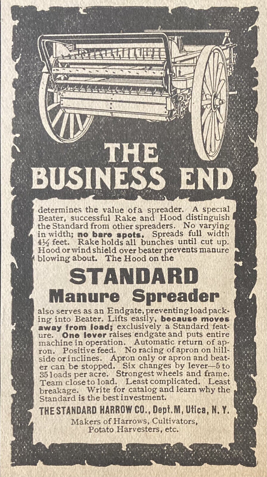 1905 AD.(XH29)~STANDARD HARROW CO. UTICA, NY. STANDARD MANURE SPREADER
