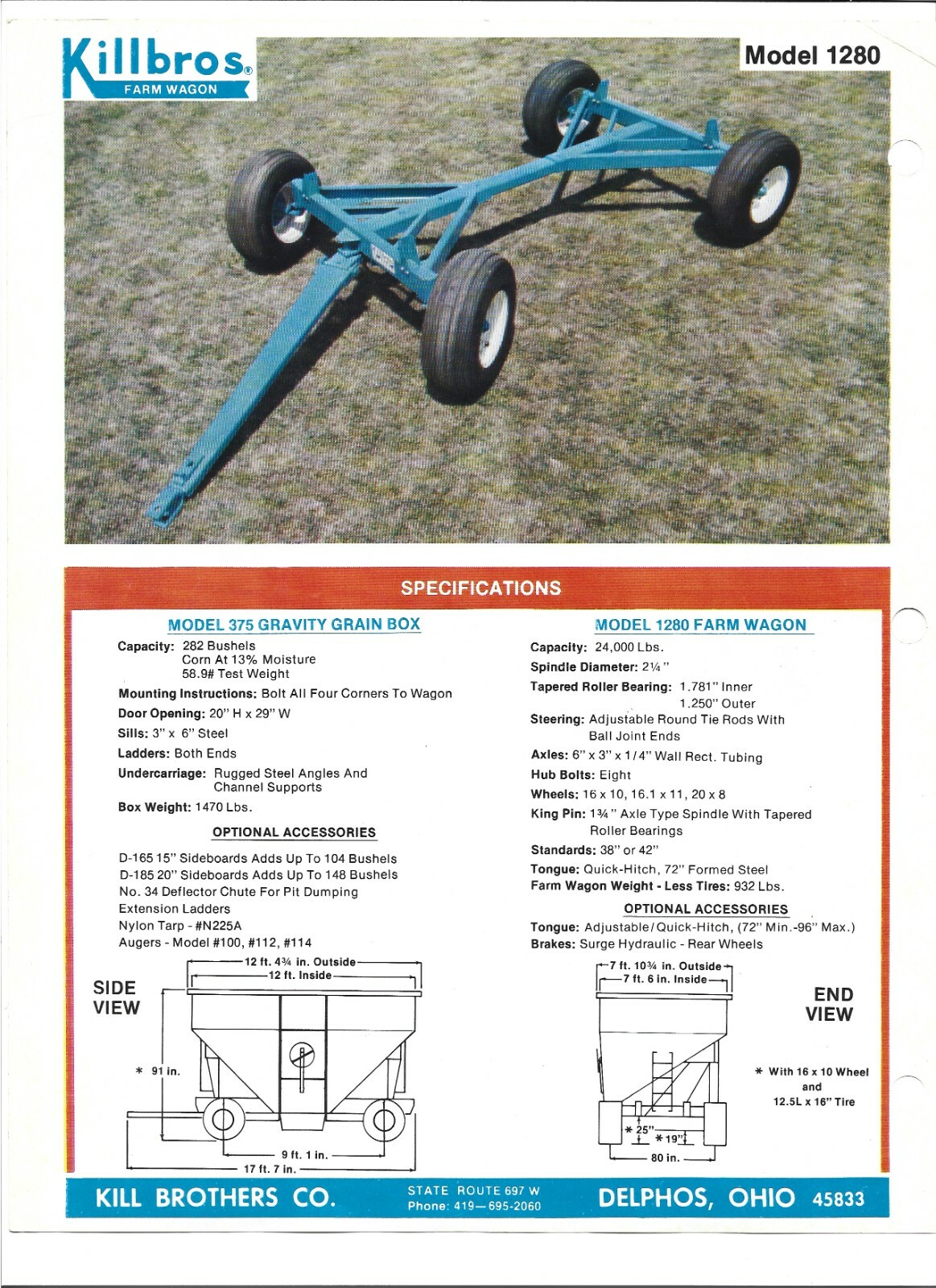 Original Killbros Model 375 Gravity Grain Box Sales Brochure Spec Sheet # 090185