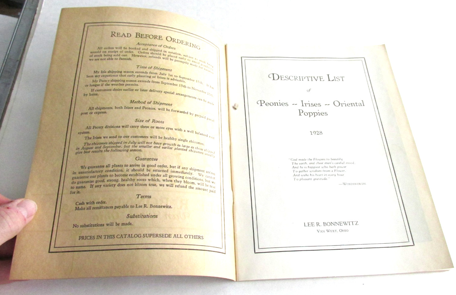 1928 VAN WERT OHIO Peonies And Irises and Poppies Catalog, Lee R Bonnewitz