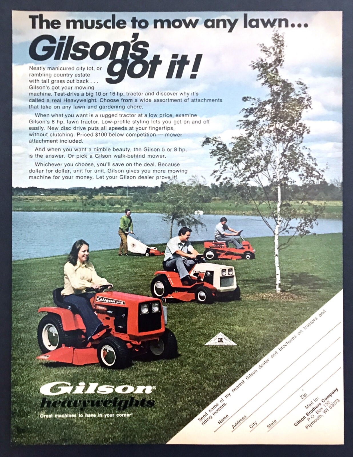 1974 Gilson Heavyweight Lawn Tractor photo “The Muscle to Mow” vintage print ad