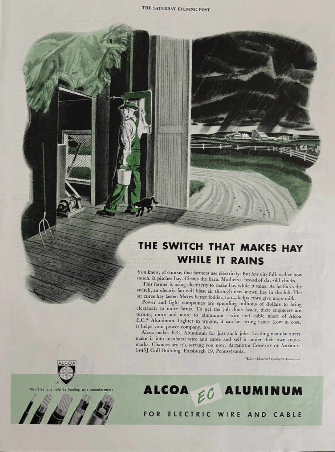 1949 Alcoa Aluminum Electric & Wire Cable Pittsburgh Pa Hay Rain VTG Print Ad