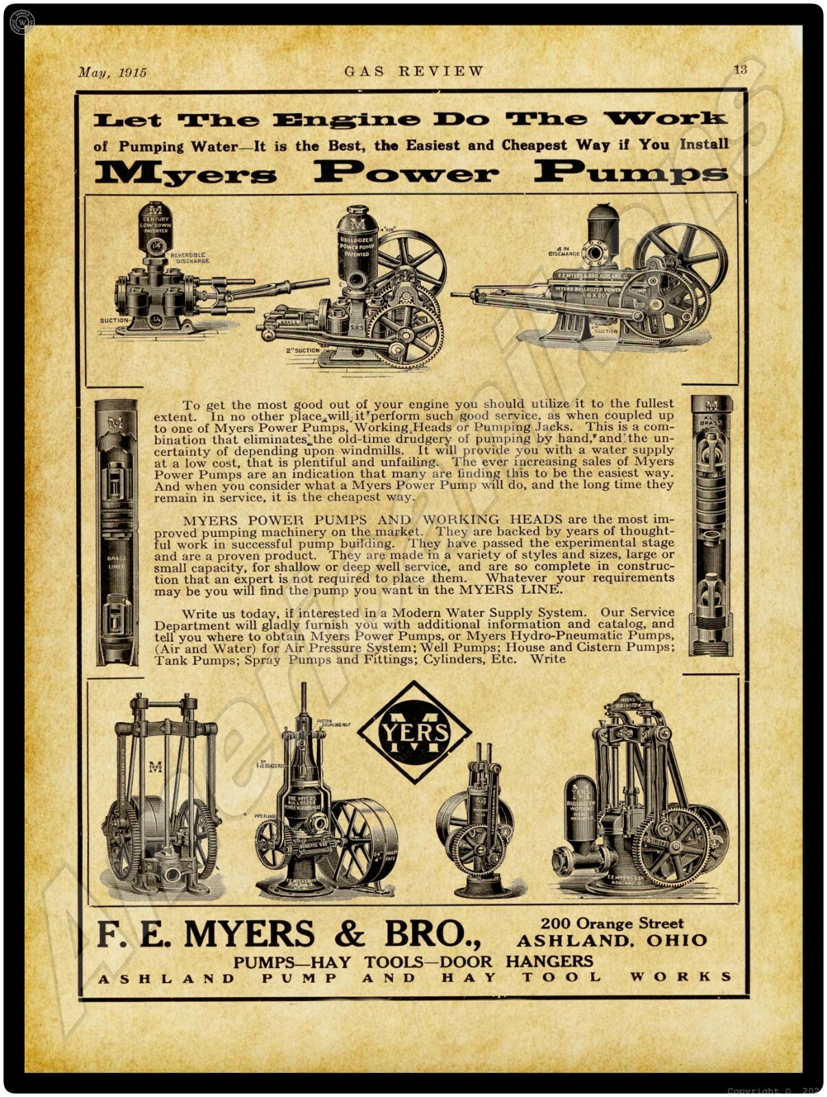 1915 F.E. Myers & Bro. Company Gas Engines New Metal Sign: LARGE SIZE 12 x 16