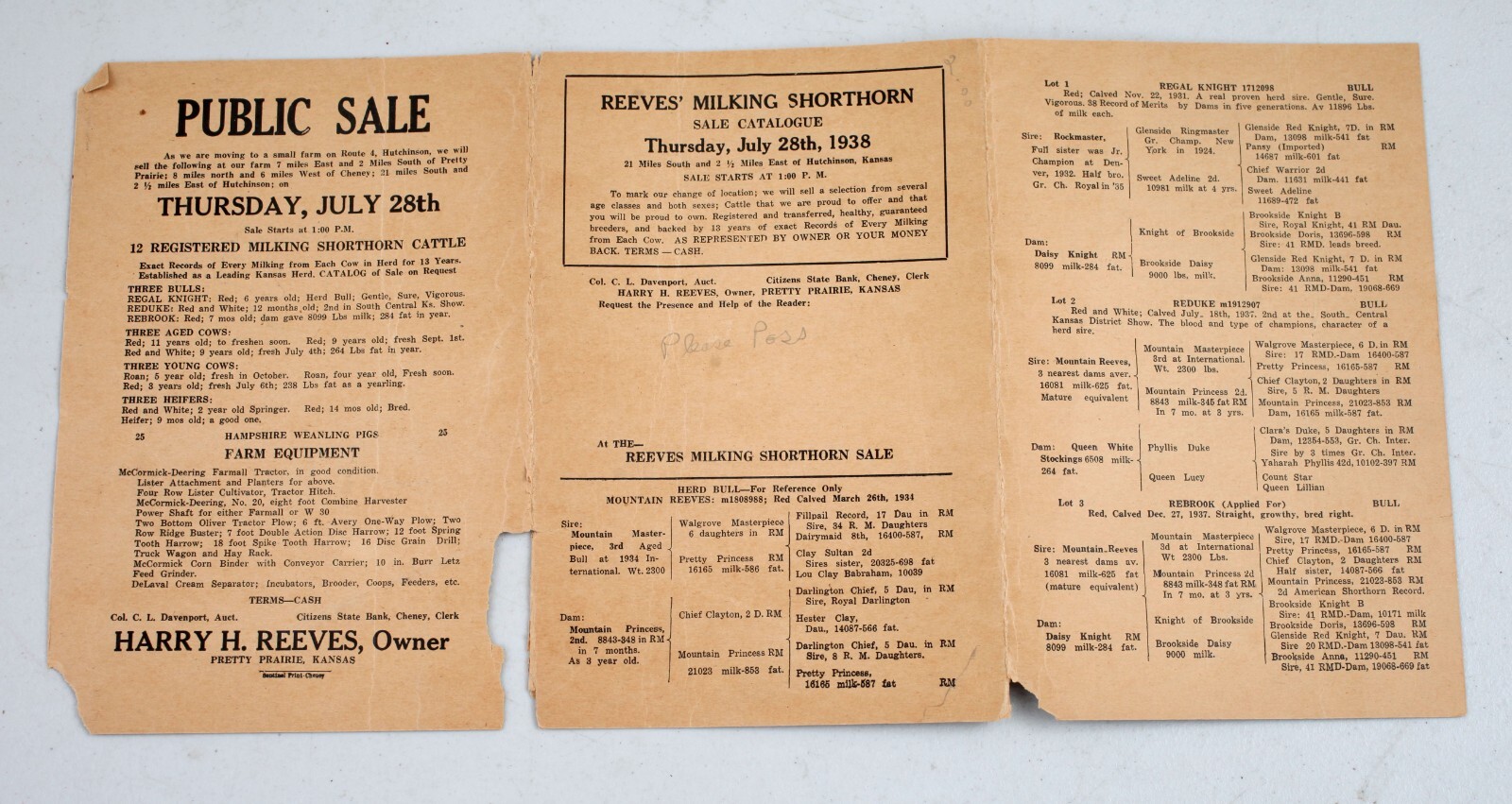 1938 Reeves Milking Shorthorn Sale Auction Catalog Pretty Prairie Kansas