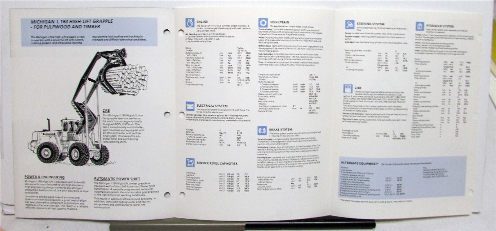 1987 Michigan L160 High-Lift Wheel Loader Specs Construction Sales Brochure