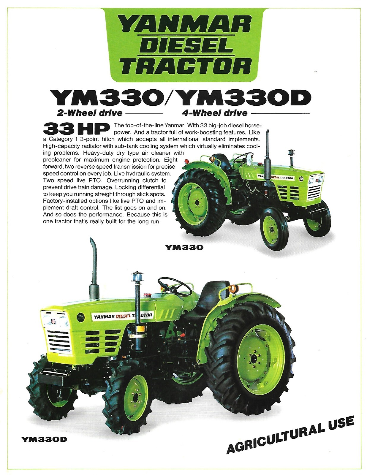 Farm Tractor Data Sheet – Yanmar – YM330 YM330D – c1980’s – Brochure (F7831)