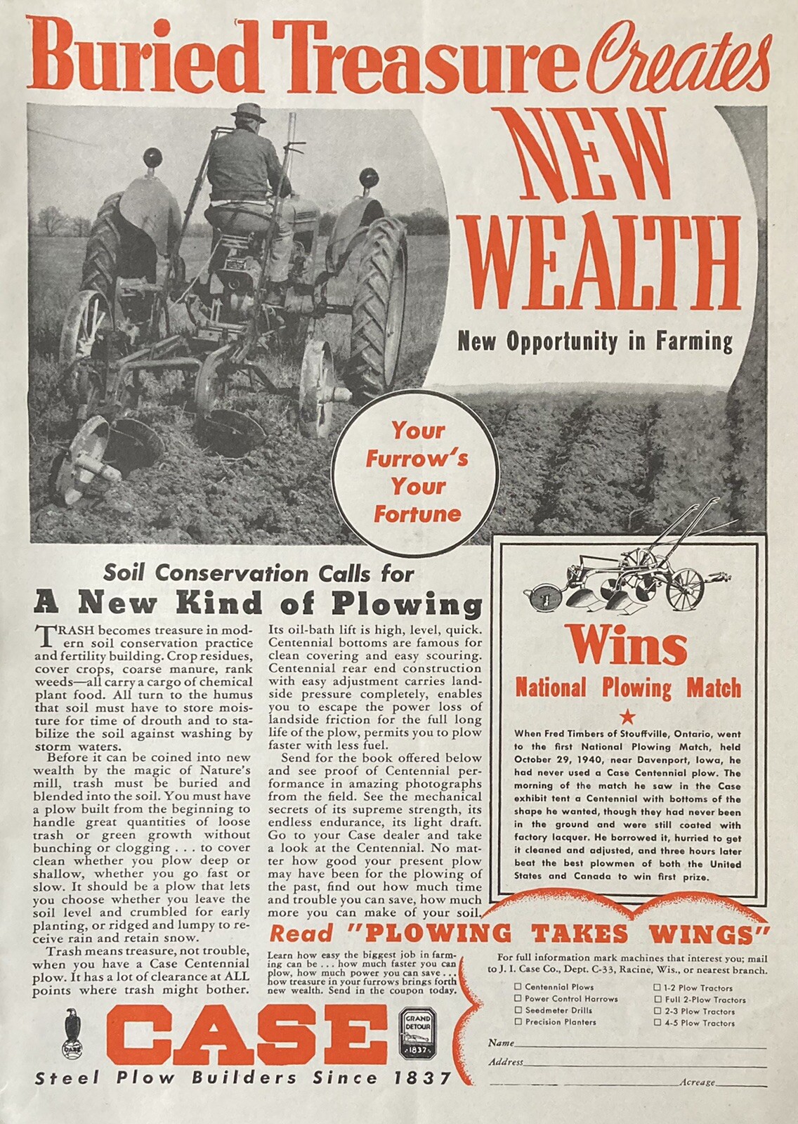 1941 AD.(XG19)~J.I. CASE CO. RACINE, WIS. NEW CASE CENTENNIAL STEEL PLOW