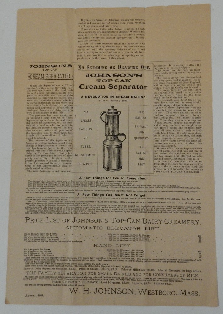 1887 JOHNSON’s Top-Can DAIRY CREAMERY Cream Separator broadside WESTBORO MA milk