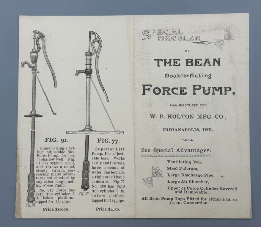 c 1880 BEAN’s Water Force PUMP Holton Mfg Antique FARM Advertising INDIANAPOLIS