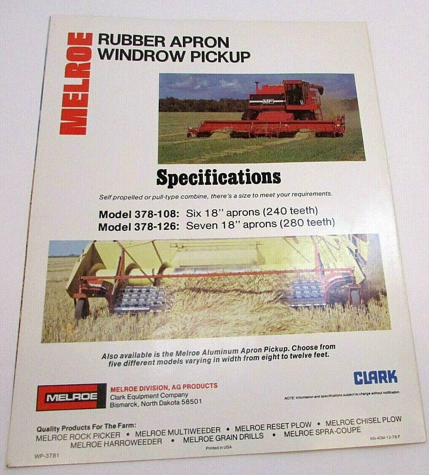 New Vintage 1978 Melroe Rubber Apron Windrow Pickup MF Combine Brochure