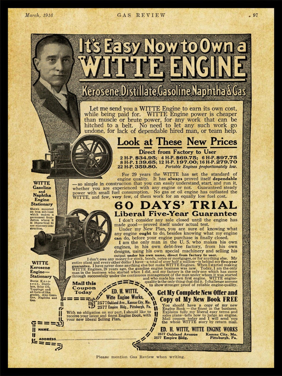 1916 Witte Engine Works of Kansas City NEW Metal Sign – 24″ x 30″ STEEL – 7lbs.