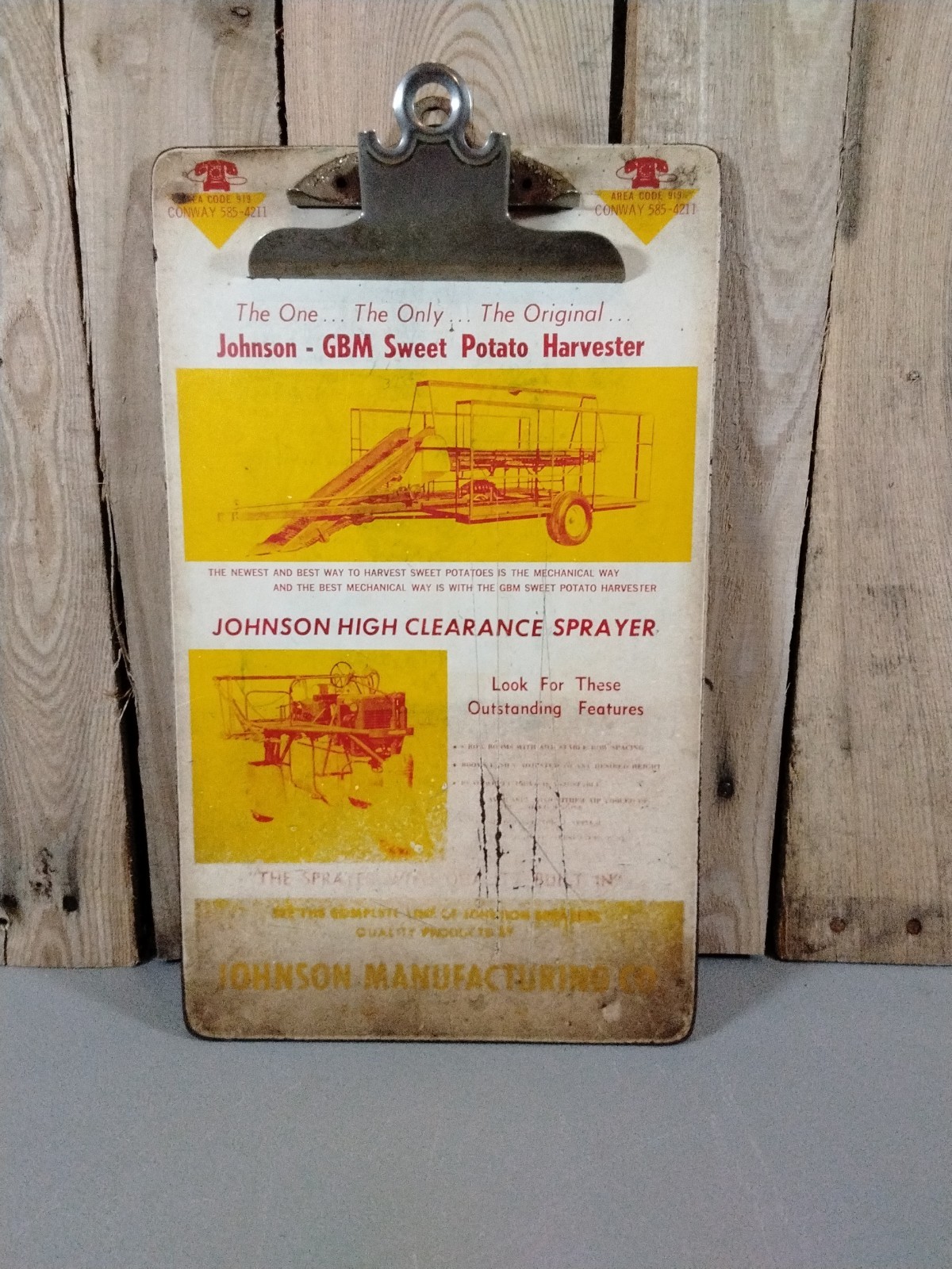 Vintage Johnson Manufacturing Farm Equipment Clipboard 9″X15″