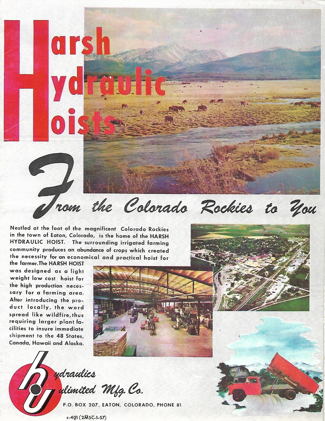 Farm Brochure – Harsh Hydraulic Truck Hoist – c1952-57 – 6 items (F8214)