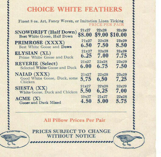 VINTAGE 1928 PILLOW & BULK FEATHER BROCHURE W/PRICES! TURKEY, GOOSE, DUCK DOWN!