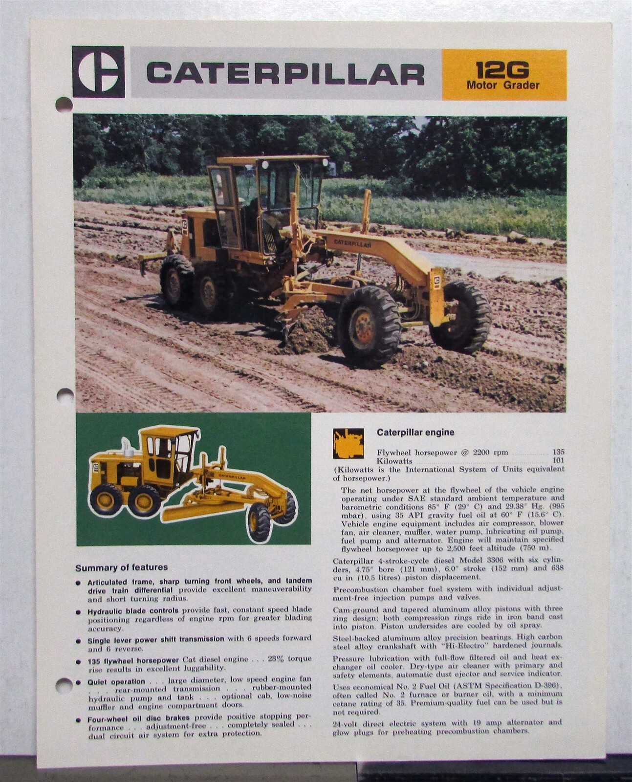 1974 CAT No 12G Road Motor Grader Construction Specifications Sale Tri-Folder