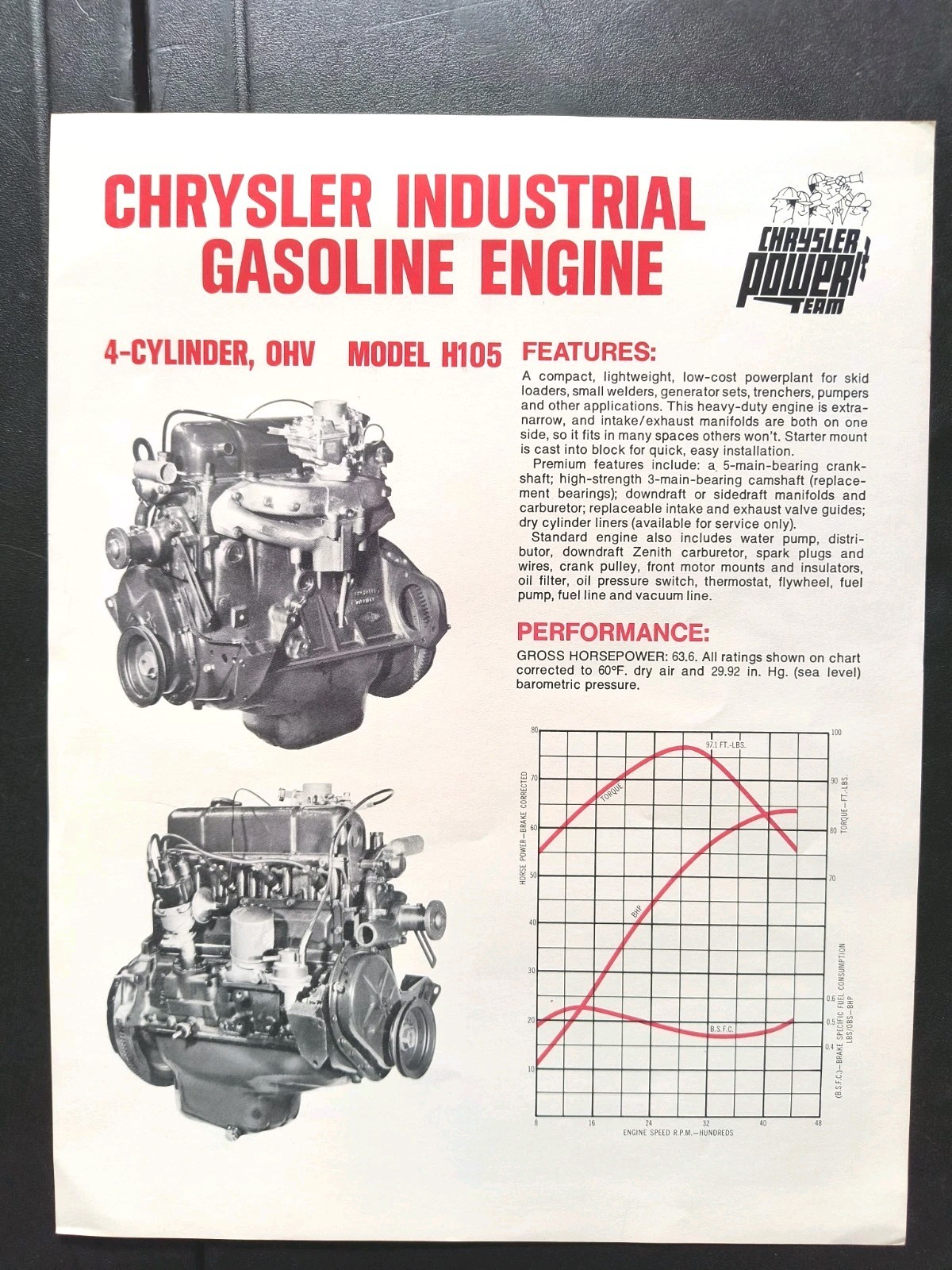 1970s Chrysler H105 4 Cylinder Machinery Farm And Heavy Equipment Motor Brochure