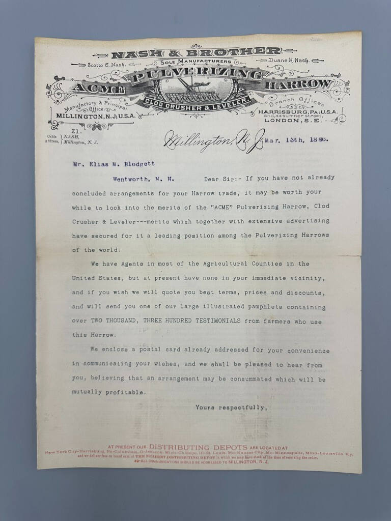 1886 ACME HARROW Nash FARM Advertising MILLINGTON NJ Antique