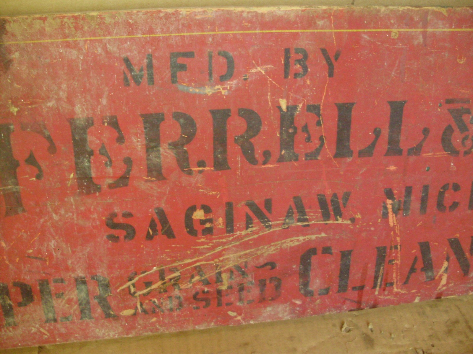 A.T. Ferrell Sign / Stenciling From A Clipper Fanning Mill, 44-3/4″ x 11-3/4″