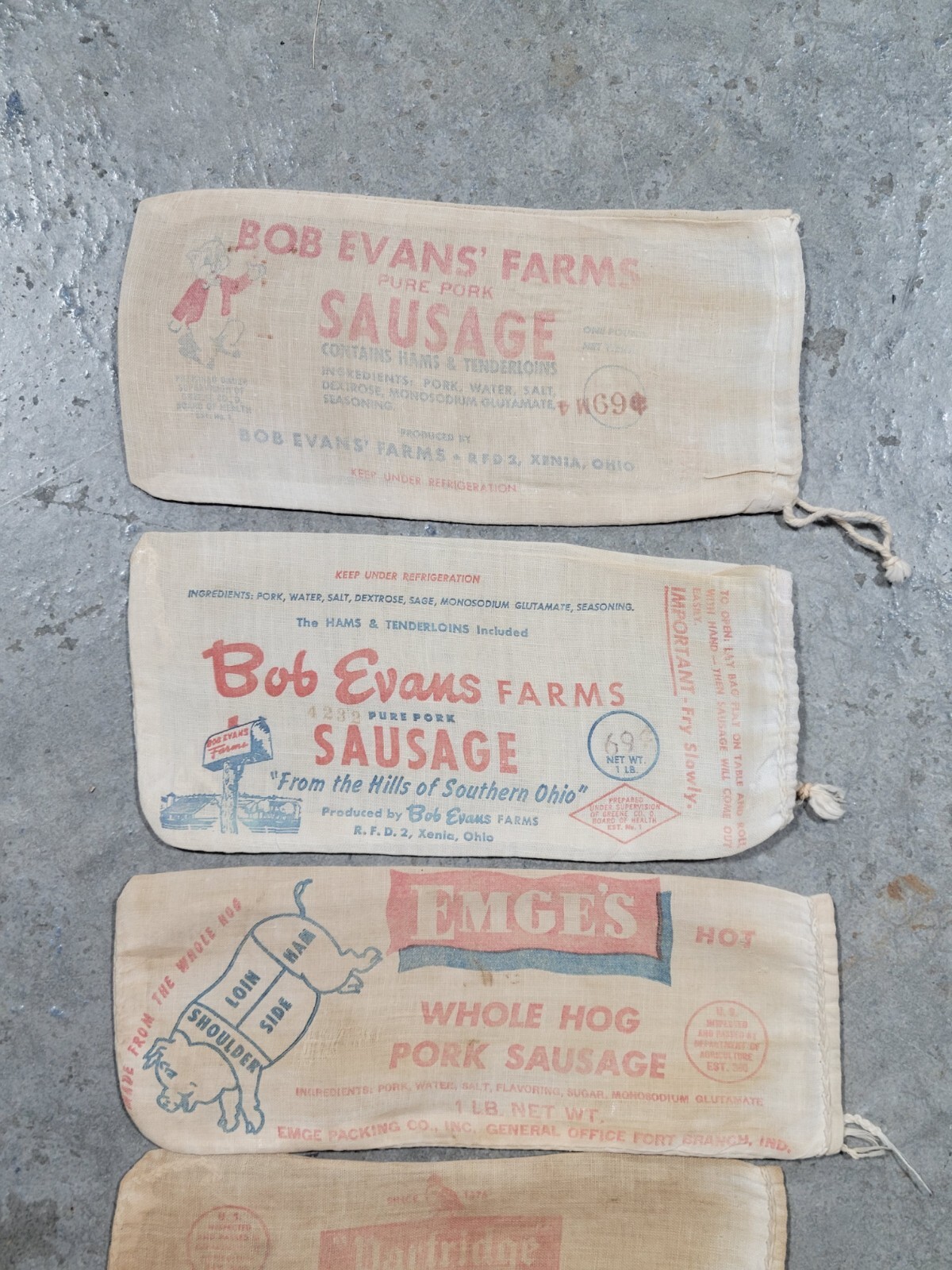Lot Of 5 Old Pork Sausage Cloth Bag Bob Evans Emges Partridge Farms Pig Butcher
