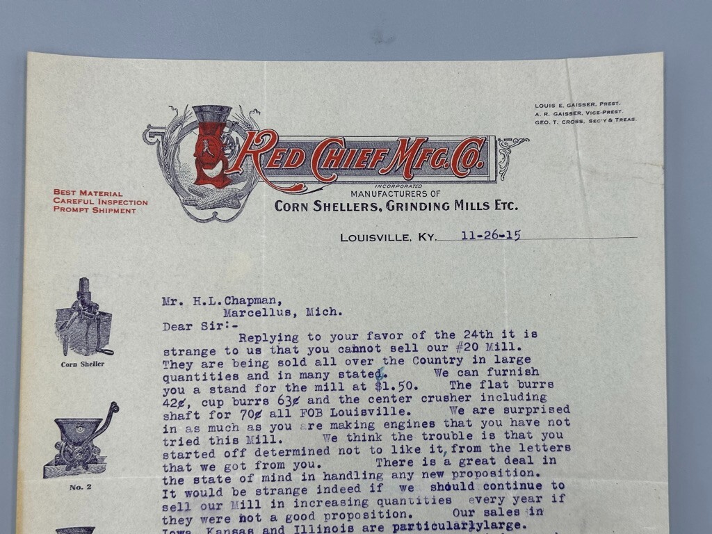 1915 RED CHIEF MILL Corn Sheller FARM Advertising Antique Letter LOUISVILLE KY